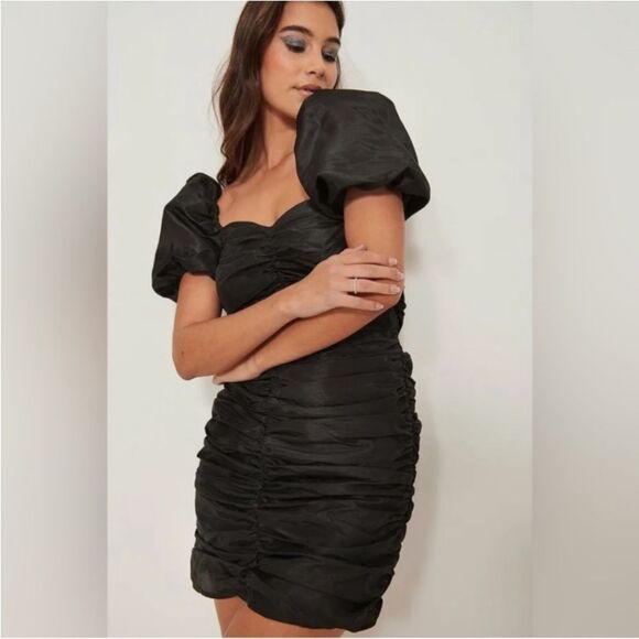 Naked Wardrobe Runway Faux Leather Ruched Puff Sleeve Dress - Picture 1 of 8